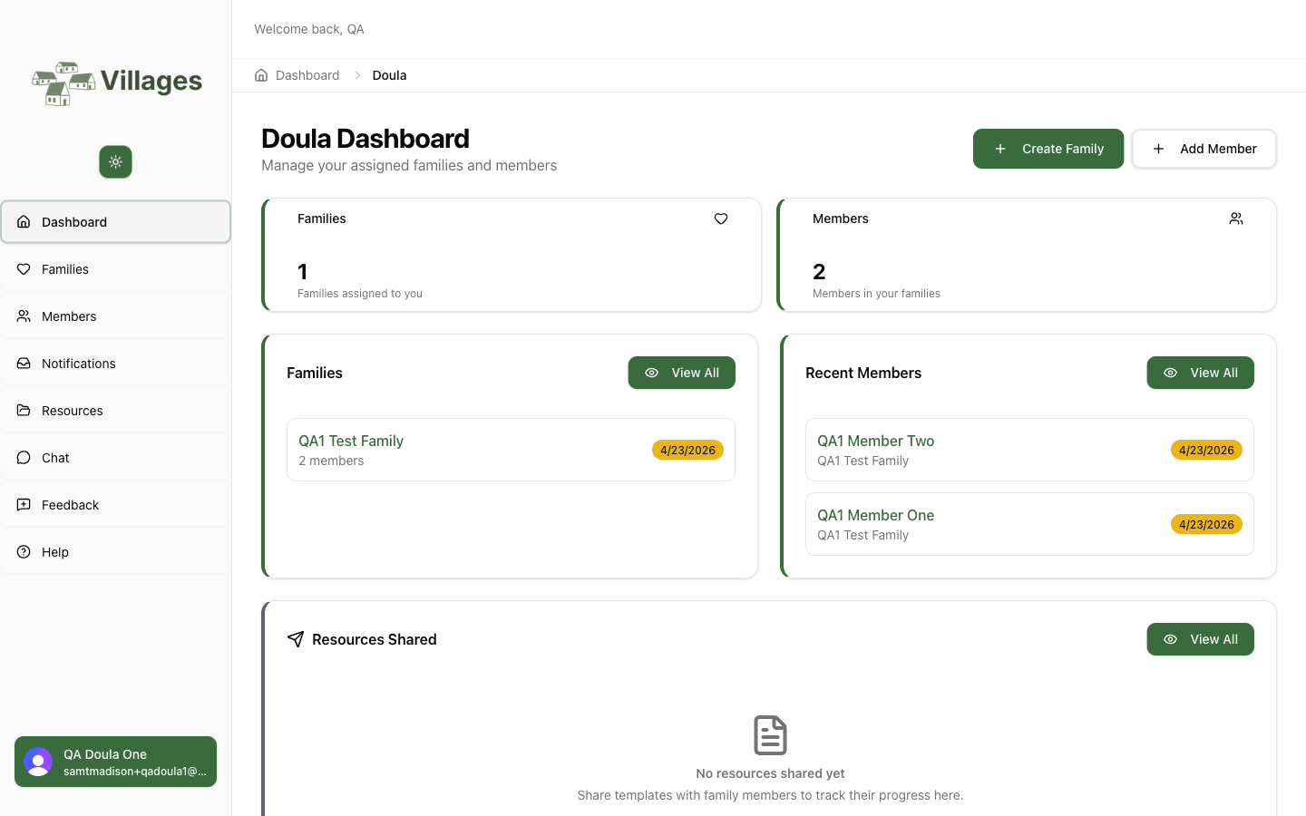 Doula Villages dashboard — families and members overview for an end-of-life doula practice